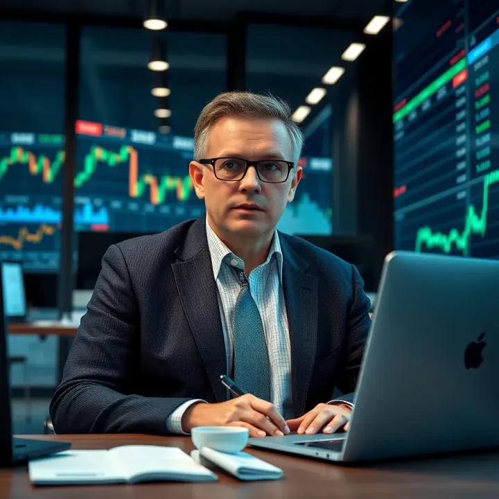 Modern office setting with financial data displays symbolizing Antony Ressler's influence on the global finance industry
