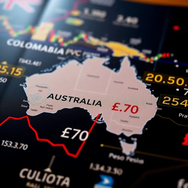 Exchange Rate Overview for Australian Dollars to Colombian Pesos Map highlighting Australia and Colombia with currency symbols and exchange rate indicators