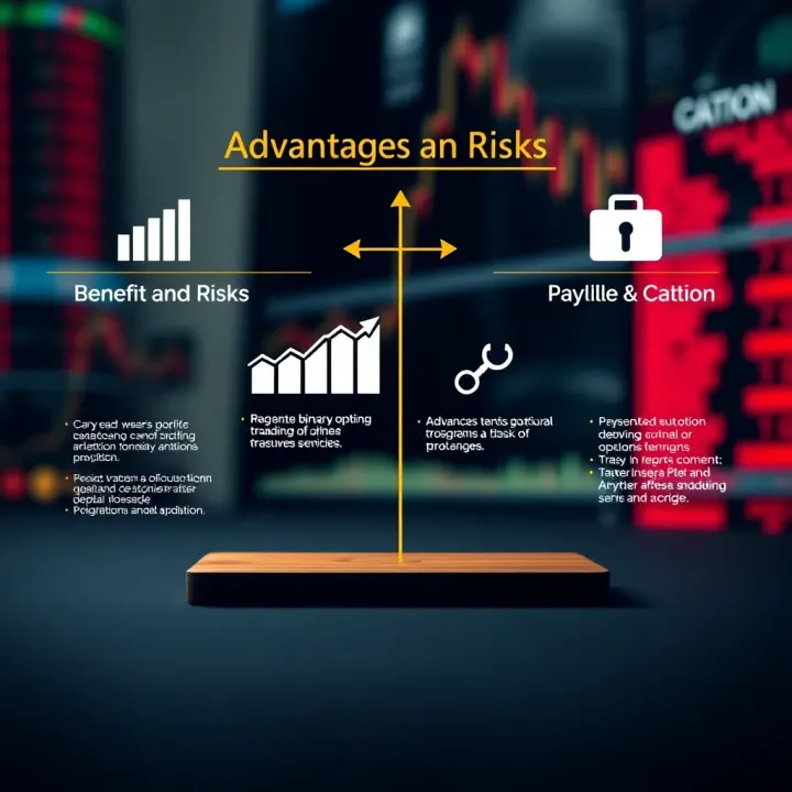 Advantages and Risks of Binary Options Trading Illustration of key benefits and risks of binary options trading with icons representing growth and caution