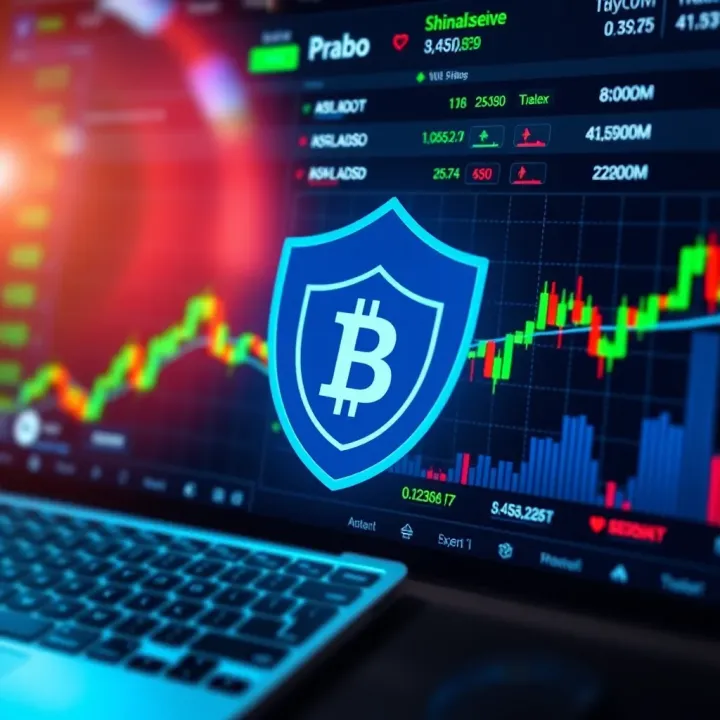Illustration showing secure online trading platform with shield symbol and digital graphs