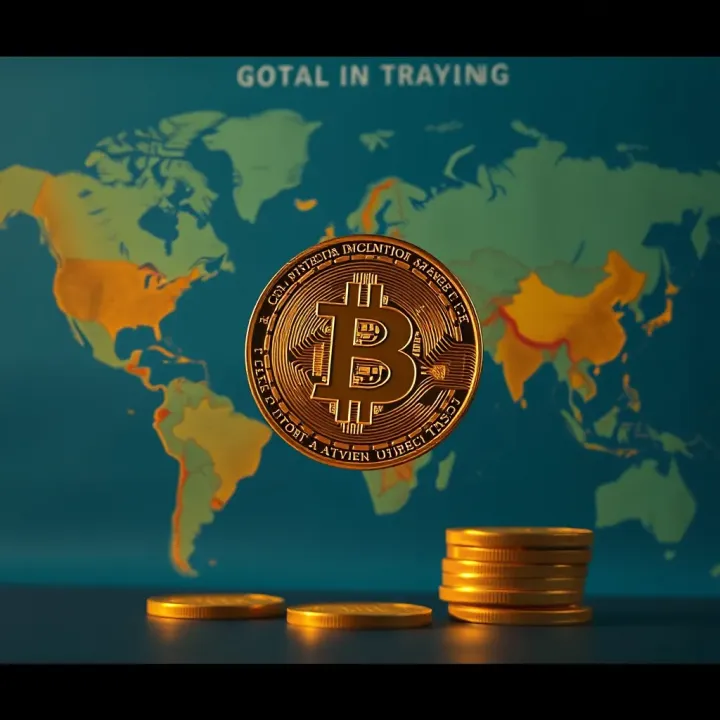 Illustration of global investment opportunities and risks related to Bitcoin with world map background