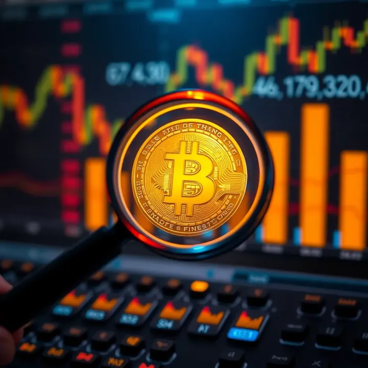 Illustration showing a magnifying glass examining a digital Bitcoin symbol representing scrutiny of cryptocurrency platforms