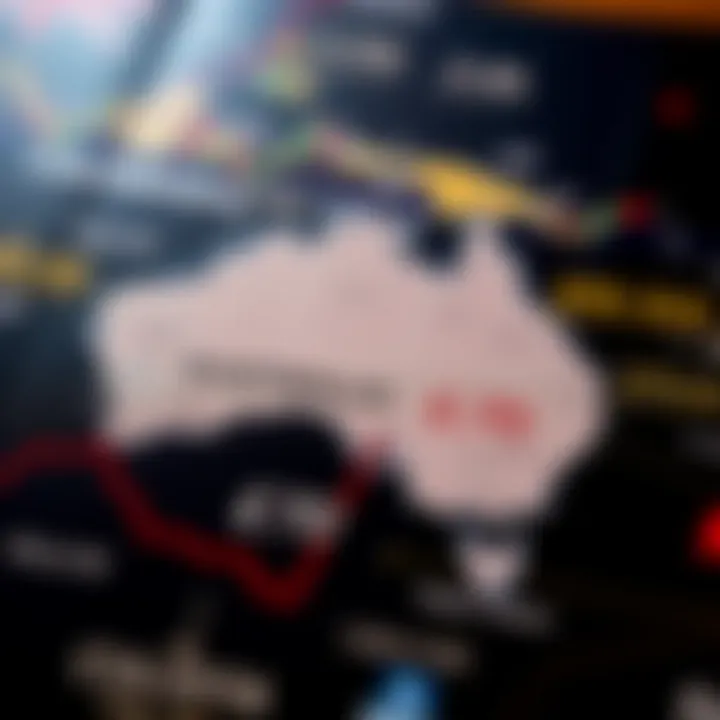 Map highlighting Australia and Colombia with currency symbols and exchange rate indicators