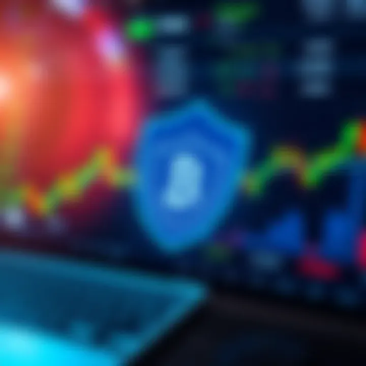 Illustration showing secure online trading platform with shield symbol and digital graphs