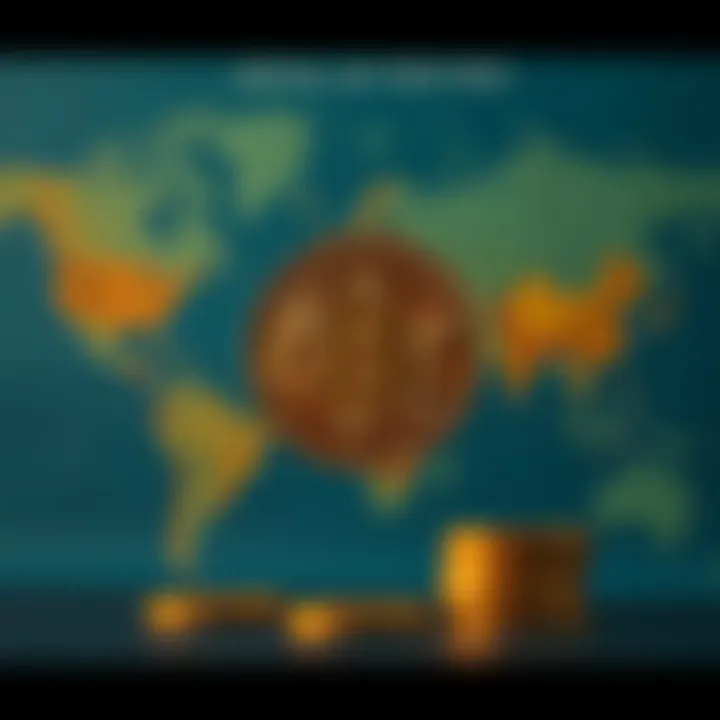 Illustration of global investment opportunities and risks related to Bitcoin with world map background