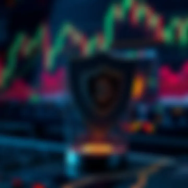 Visual representation of secure cryptocurrency trading with shield icons and digital currency symbols indicating protection measures