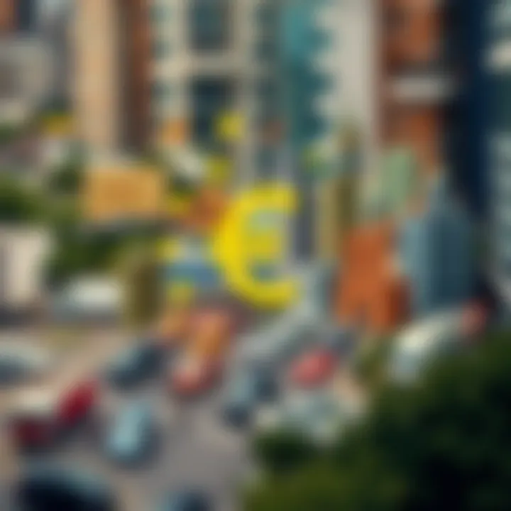 Illustration of diverse Colombian economic sectors impacted by euro fluctuations including trade, finance, and industry