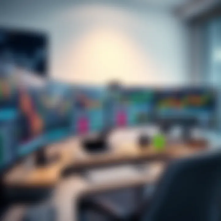 Multiple monitors displaying financial charts and market data on a clean desk setup