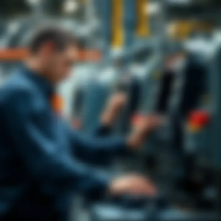 Operator adjusting controls on industrial machinery for precise operation