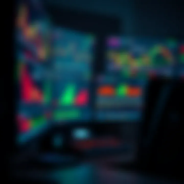 High-performance computer setup with multiple monitors displaying financial trading charts and data