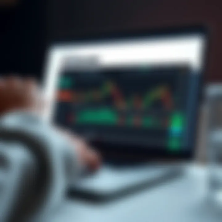 Illustration of a laptop screen displaying trading charts and strategy tools for forex and cryptocurrency investment