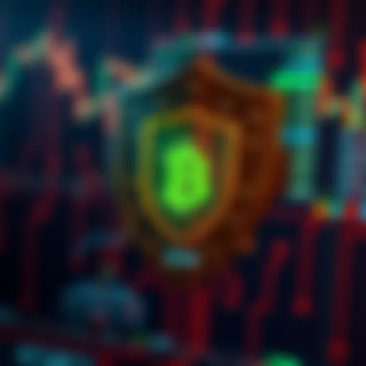 Illustration of digital security with shield and blockchain symbols
