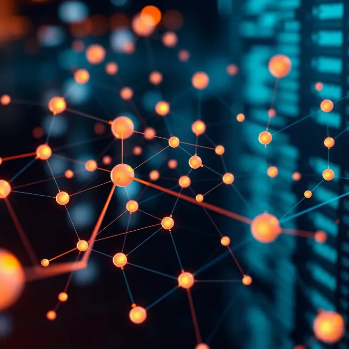 Conceptual illustration of blockchain network depicting Cardano nodes and interconnections in a digital space