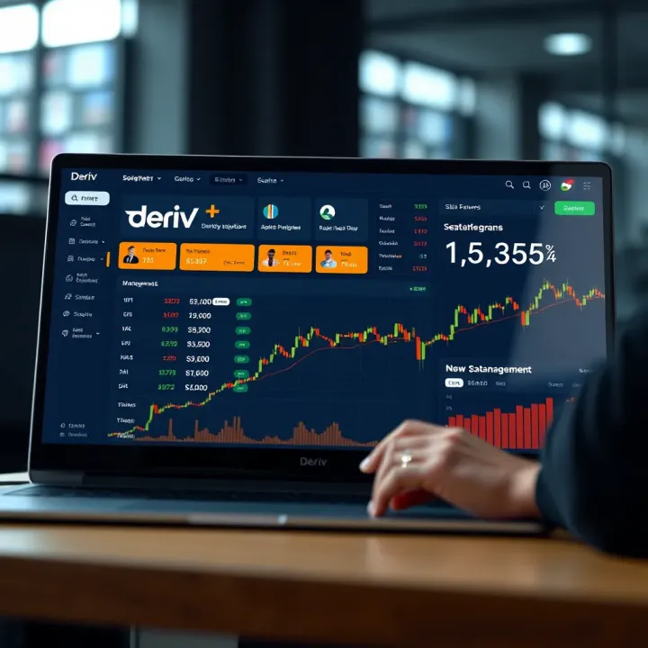 User interface of Deriv platform showing asset selection, trading options, and real-time data management tools