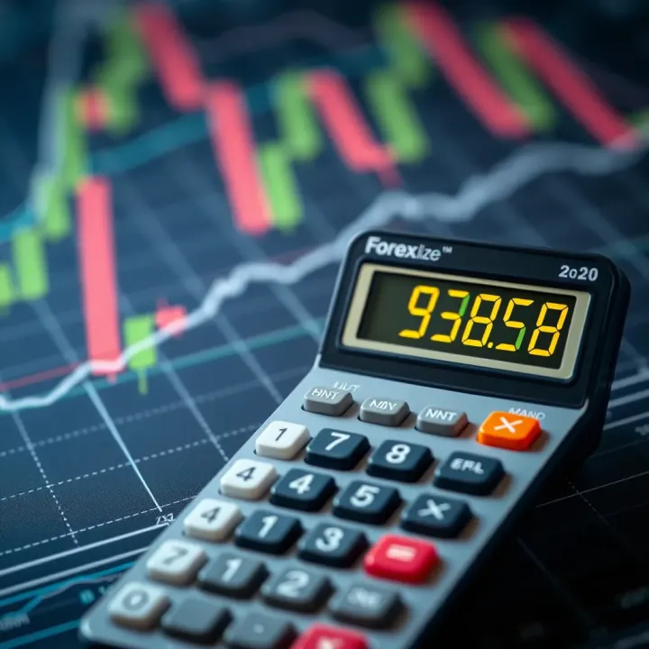 Digital calculator displaying Forex lot size calculation on a financial chart background