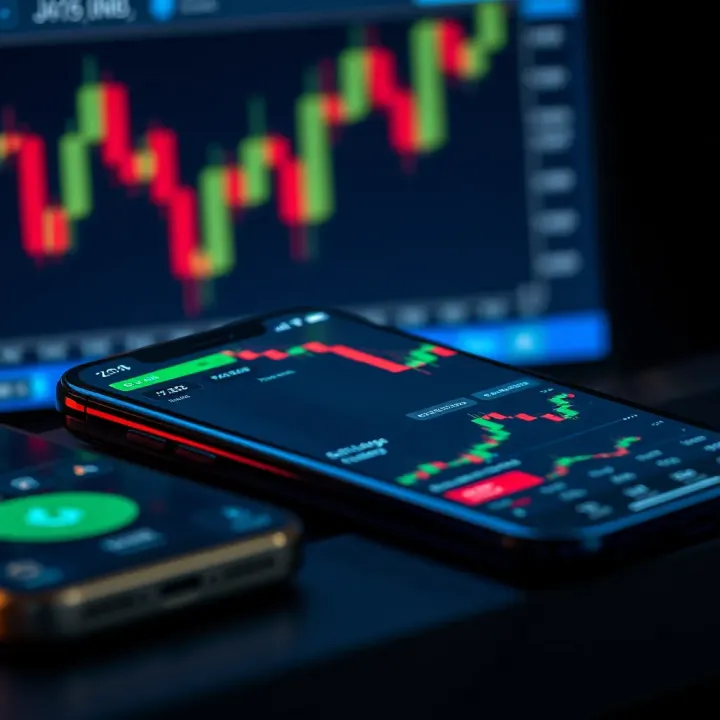 Mobile phone displaying a trading app interface with charts and financial data