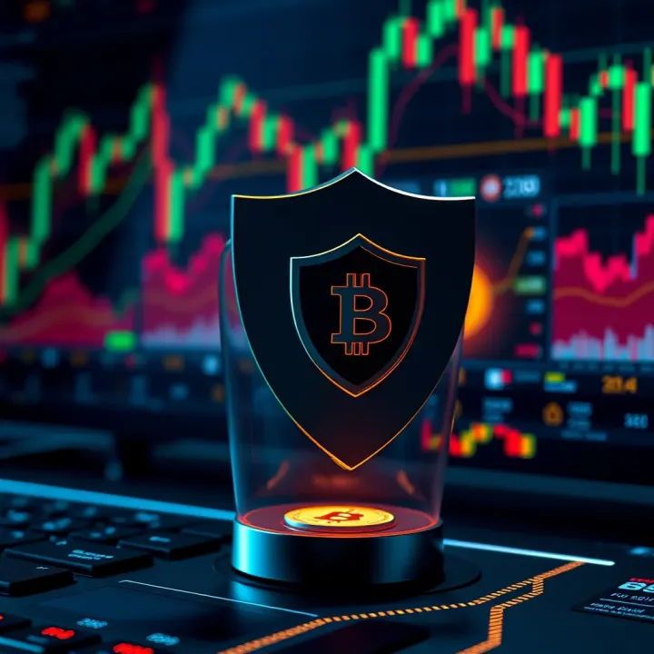 Visual representation of secure cryptocurrency trading with shield icons and digital currency symbols indicating protection measures