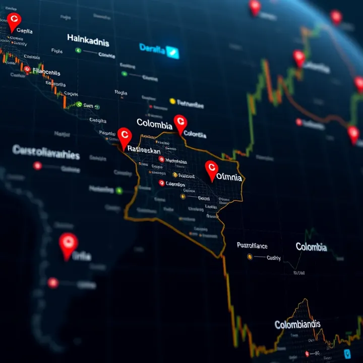 Map highlighting Colombia with symbols representing access to global financial markets via Darwinex