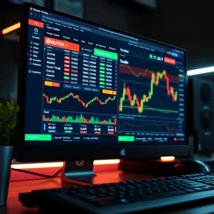 Interface of Quotex trading platform displayed on a computer screen with financial charts and trading options