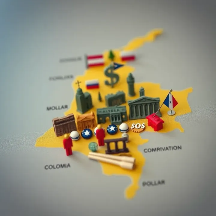 Map of Colombia with financial symbols depicting local and international political and economic factors affecting currency value