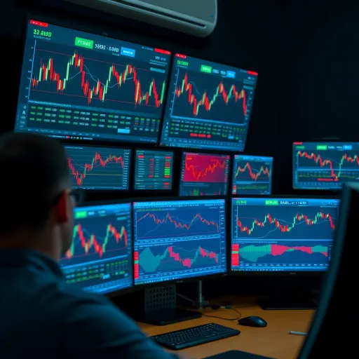 Efficient Trading Screen Setup for Real-Time Market Analysis Multiple computer monitors displaying real-time trading charts and financial data for market analysis