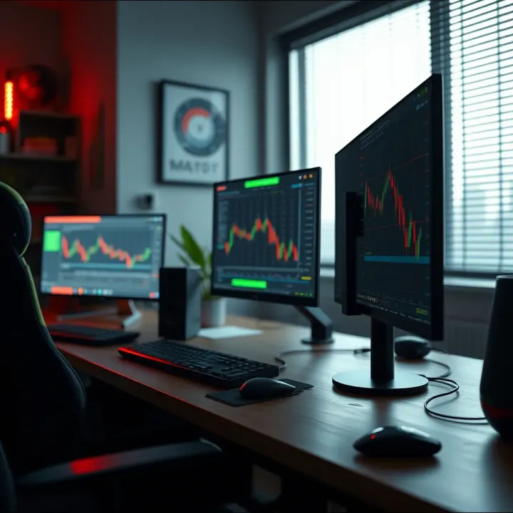 Ergonomic workspace with adjustable monitor stand and connectivity ports for optimized trading environment