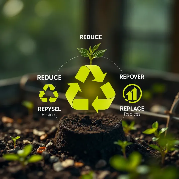 Illustration showing the concepts of reduce, reuse, recycle, recover, and replace as interconnected sustainability principles