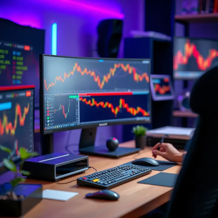 Ergonomic trading workspace with curved monitor and organized peripherals