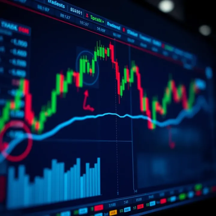 Illustration of a trading platform interface displaying charts and regulatory compliance icons