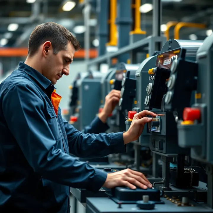 Adjusting Industrial Machinery Controls for Effective Operation Operator adjusting controls on industrial machinery for precise operation