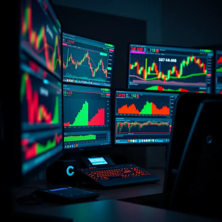 High-performance computer setup with multiple monitors displaying financial trading charts and data