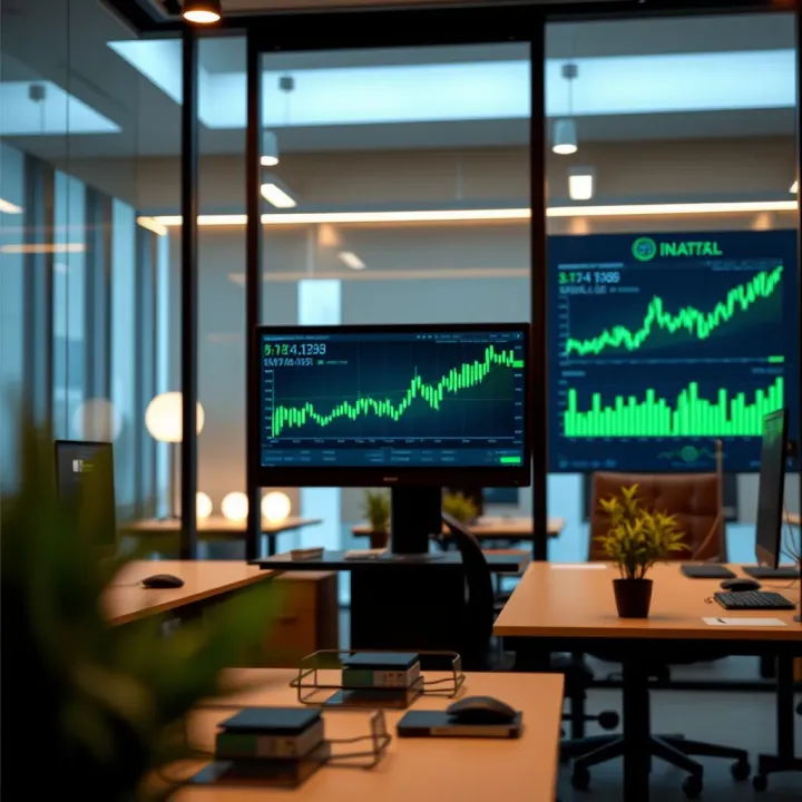 Modern office space with financial charts showing investment growth