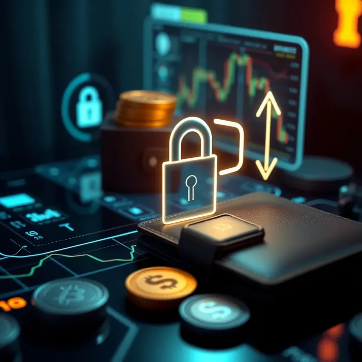 Conceptual representation of secure financial transactions with digital wallet and currency icons