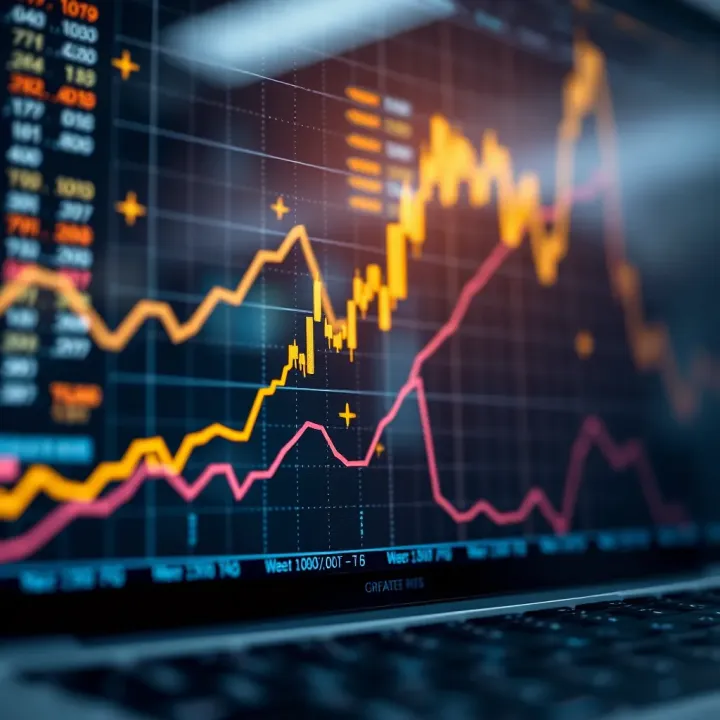 Graph showing upward trends and digital trading icons representing online market activity