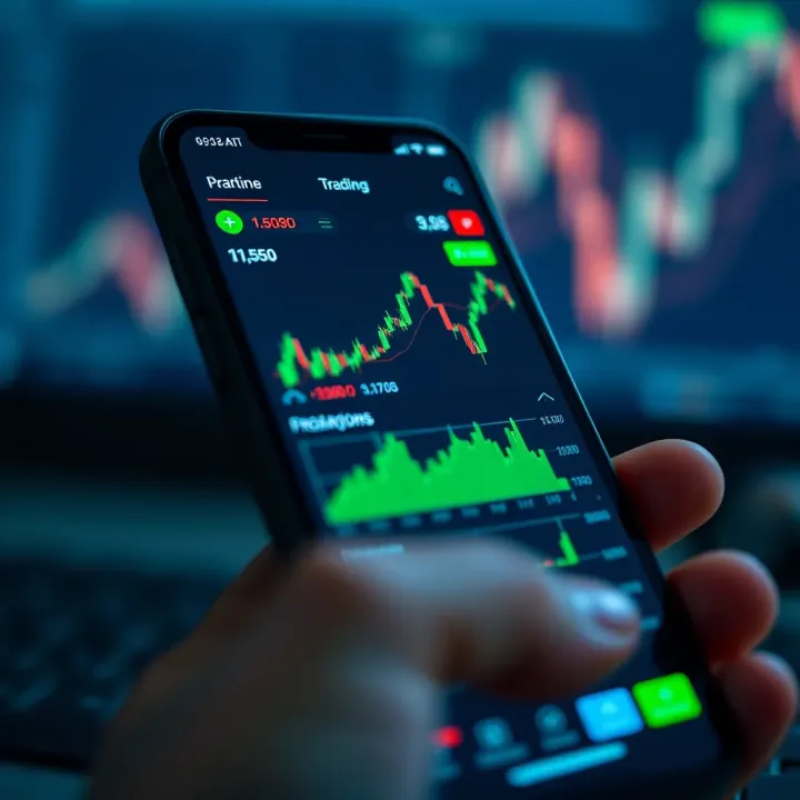Mobile phone displaying financial charts and Pocket Broker trading platform interface