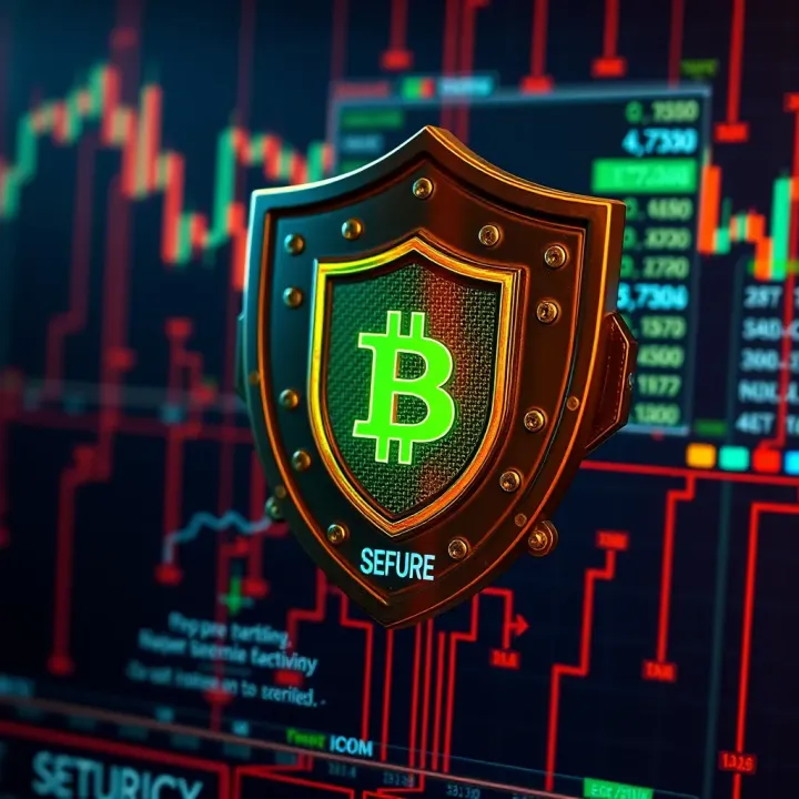Illustration of digital security with shield and blockchain symbols