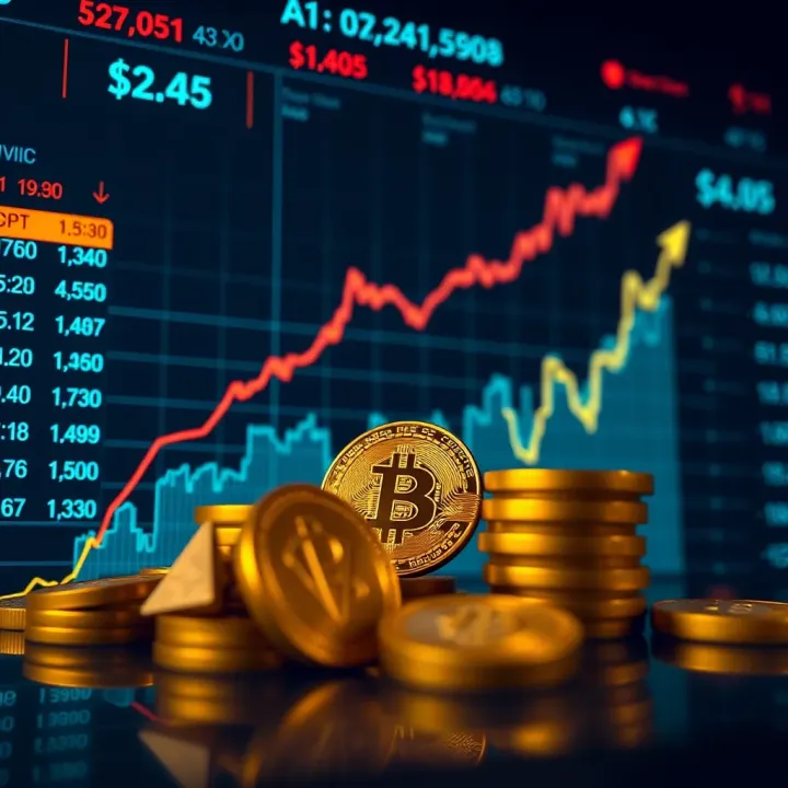 Graph showing upward trend of cryptocurrency values with financial icons