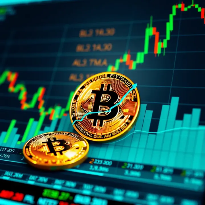 Graph showing Bitcoin price trends with digital market symbols and data analysis