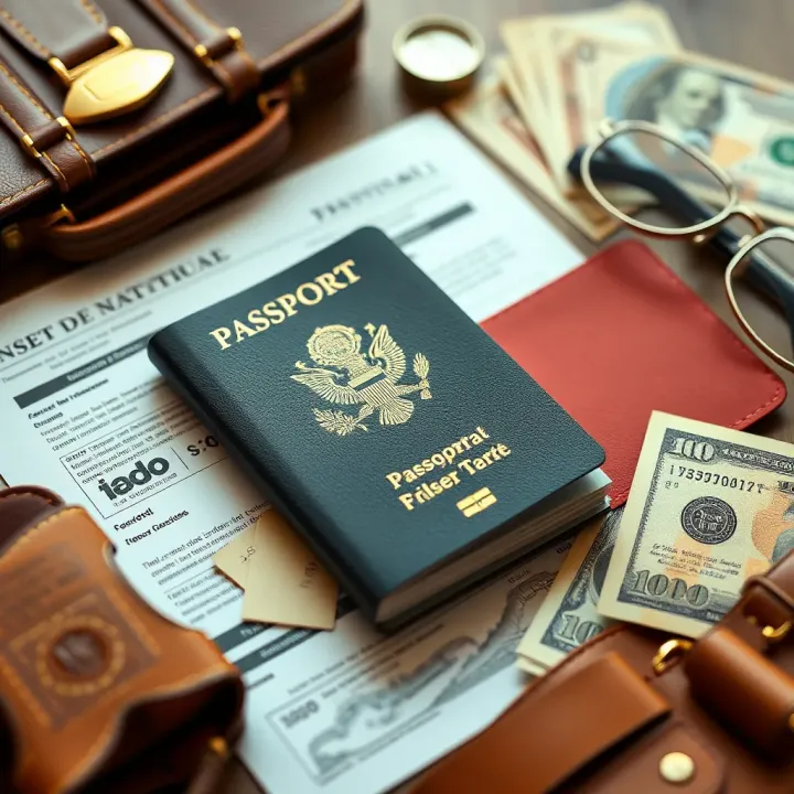 Travel essentials including passport, insurance documents, and money for a secure journey