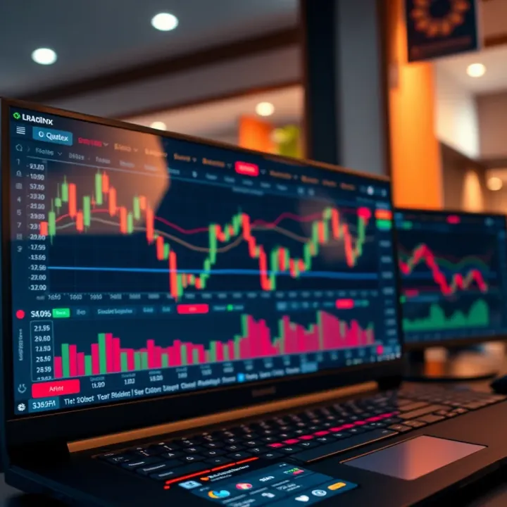 Interface displaying Quotex trading platform with charts and financial data