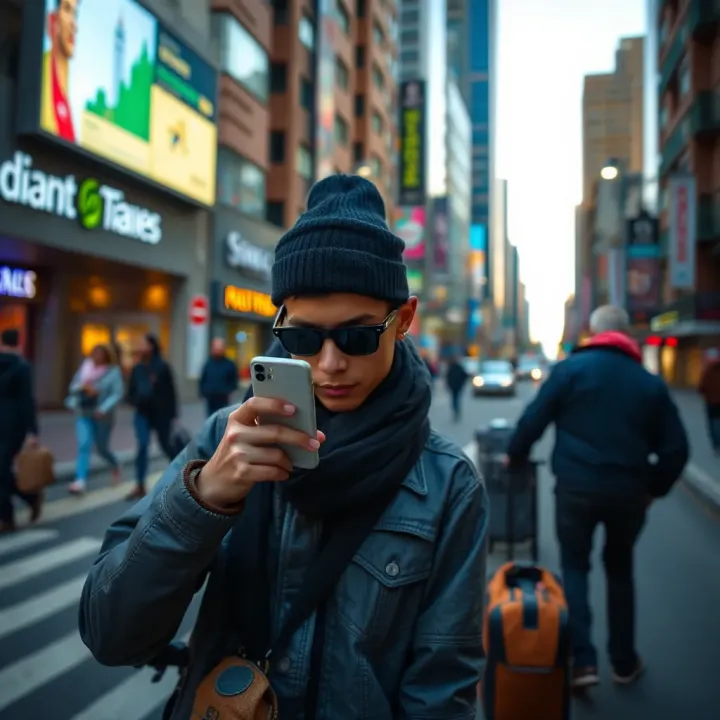 Traveler using a mobile phone for navigation and safety advice in an urban environment
