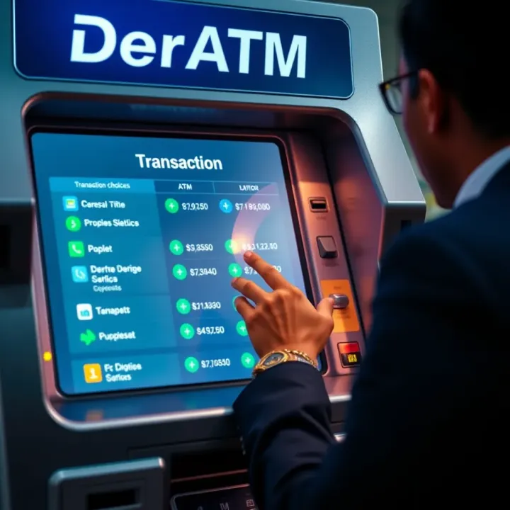 User interacting with Deriv ATM displaying transaction options on screen
