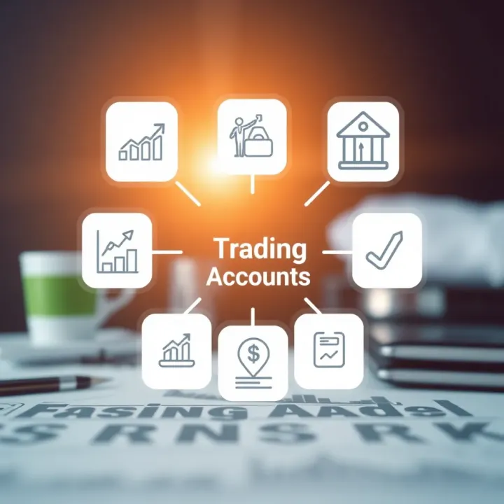 Types of Trading Accounts and Investment Choices Conceptual illustration of trading account types with icons representing different investment options and risk levels