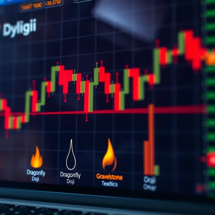 Various Forms of Doji Candles in Financial Charts Chart illustrating different types of Doji candles in technical analysis including Dragonfly, Gravestone, and Standard Doji